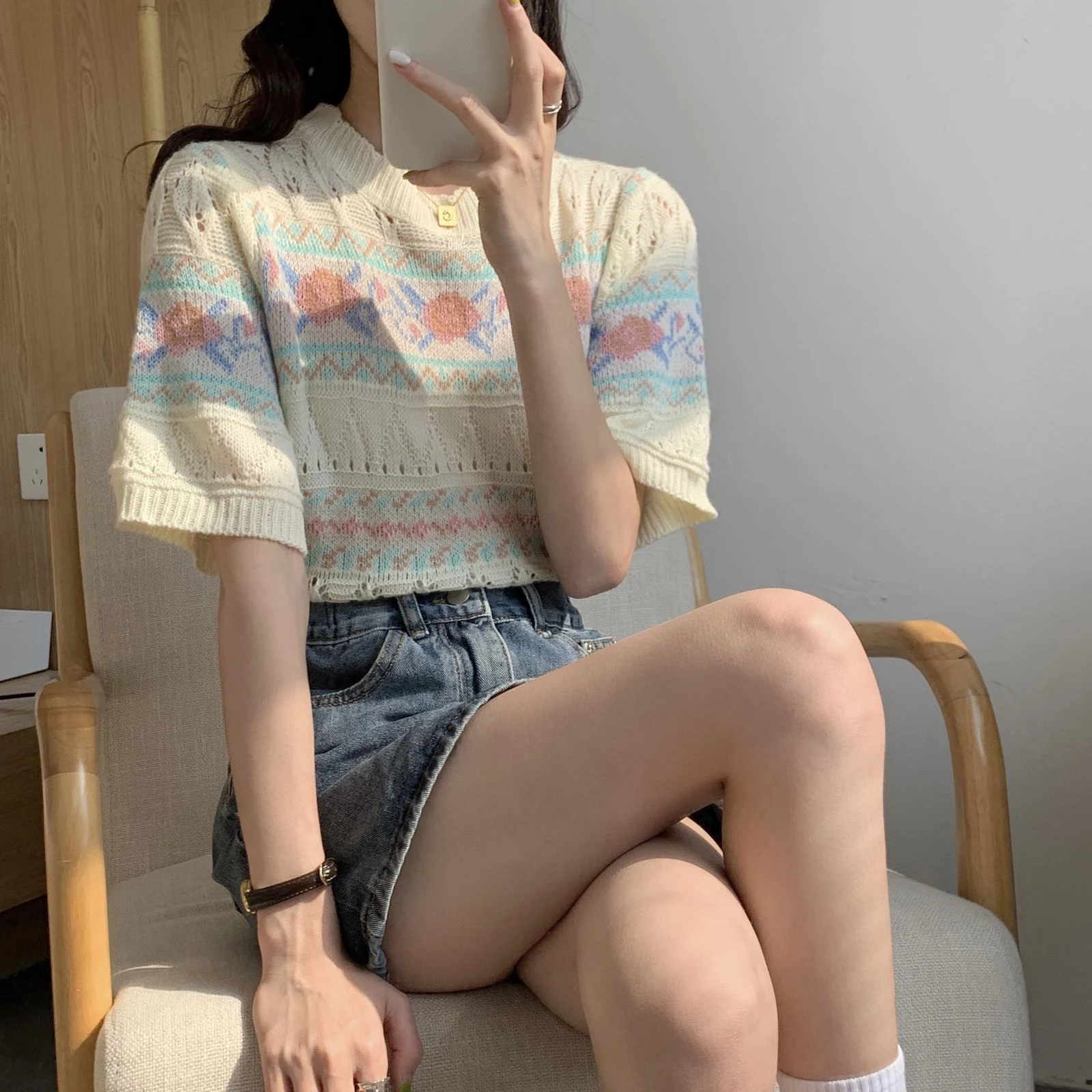 

Женские тонкие трикотажные рубашки оверсайз, весенне-летние винтажные Ажурные топы с круглым вырезом и коротким рукавом, повседневные женские футболки