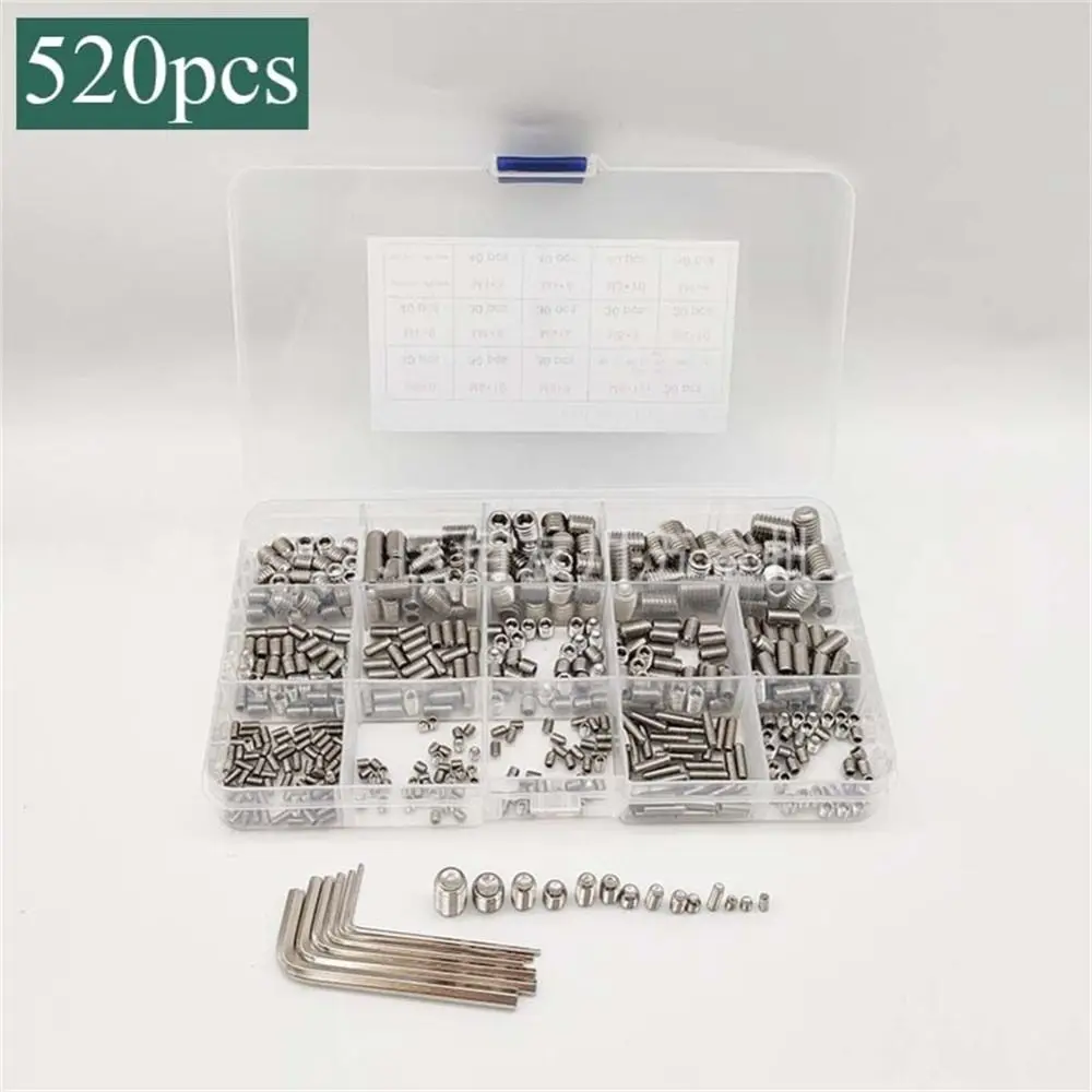

520Pcs 304 Stainless Steel Socket Set Screw Cup Point Hex Allen Head Grub Screw