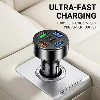 Caricabatterie da auto 250W 5 porte ricarica rapida PD QC3.0 USB C adattatore caricabatterie per telefono da auto con indicatore di tensione per iPhone Samsung Huawei Xiaomi