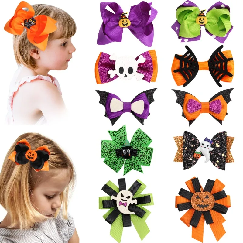 

Halloween Bows Hair Clips For Baby Girls Pumpkin Spider Hairpins Children Hairgrips Party Boutique Barrettes Hair Accessories