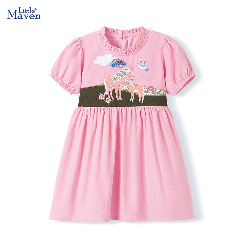 Little maven Summer Children's Clothing Baby Girl Cartoon Unicorns Embroidered Princess Dresses Kids Clothes Corduroy Pink Dress