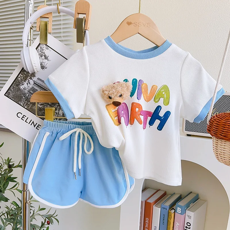 

Girls Suit Summer Detachable Bear Casual Short Sleeve T-shirt + Casual Shorts Two-piece Set Girls Clothes