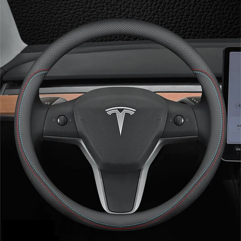 Cubierta de cuero Real para volante de coche, accesorio Interior para Tesla modelo 3 Y 2019, 2020, 2021, Nappa, 4 estaciones, 36-39 CM de diรกmetro