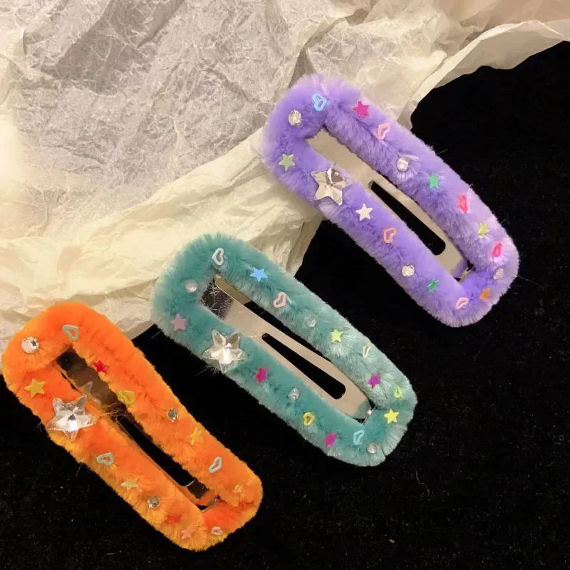 New Y2k Rectangle Plush Star Hairpin Charm Cute Autumn Winter Students Bang Snap Clips Headwear Party Hair Accessories for Women halloween hair clip pumpkin pattern trendy hair barrettes hairclip funny charm hairpin party headwear gift for girls