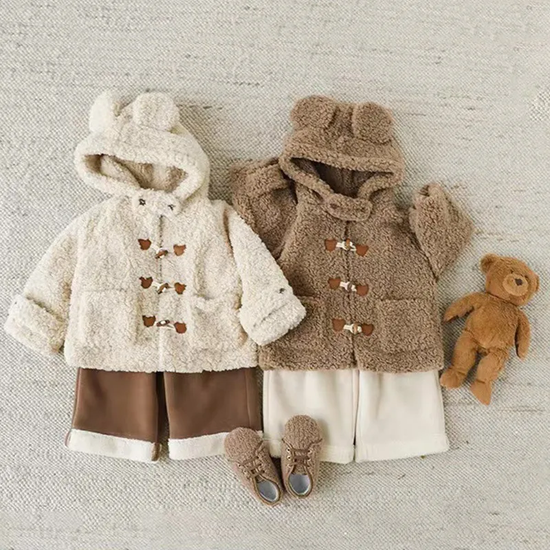 

Autumn Winter Children Cartoon Fleece Hooded Warm Coat Retro Toddler Girl Plus Velvet Tops Boy Baby Solid Thicken Jacket Outfits