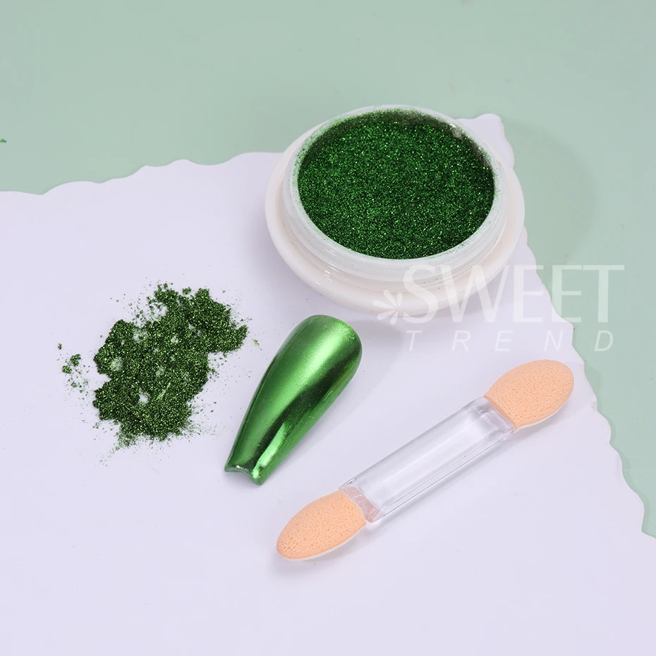 1Box Green Mirror Powder Nail Art Glitter UV Gel Polish Chrome Dust Metallic Effect Pigment St. Patrick's Day Nail Decoration