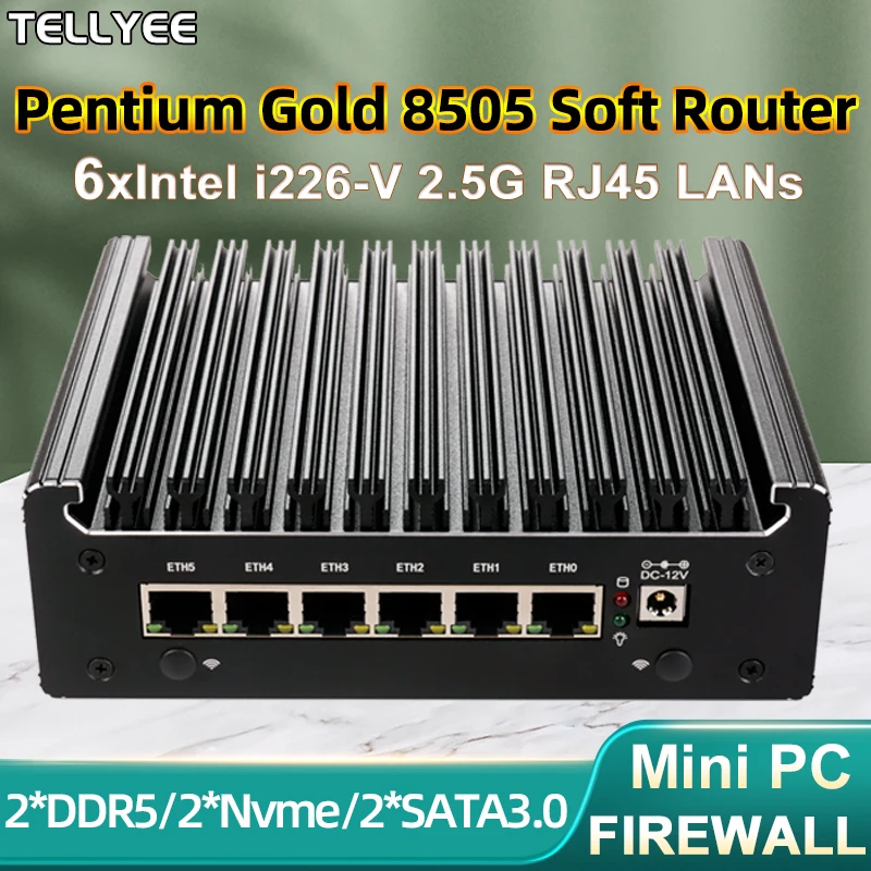 Intel Pentium Gold 8505 Soft Router 6 Lans i226-V 2.5G Fanless Mini PC COM HD DP USB Type-C DDR5 SATA pfSense Firewall Appliance 5
