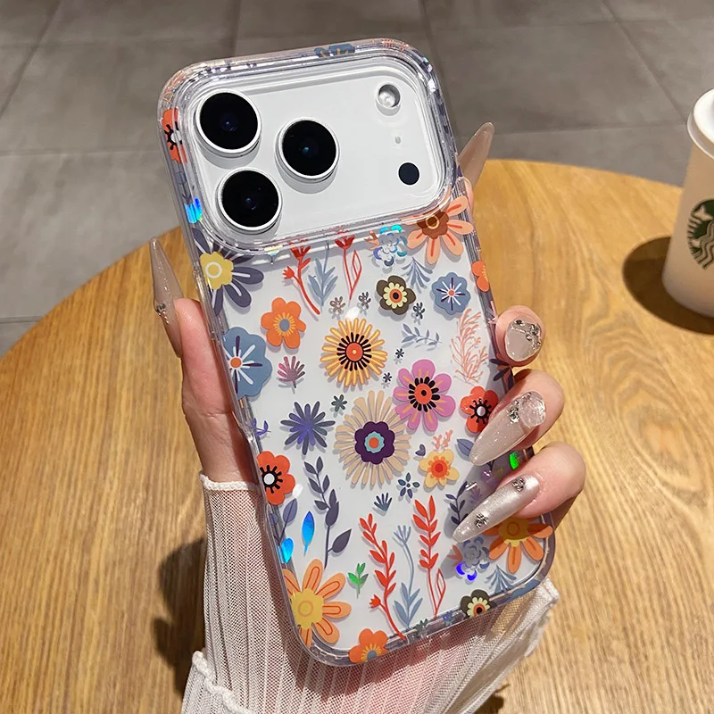 Luxurious Glitter Flower Shell Shockproof Phone Case - Hard Acrylic Clear Protective Cover