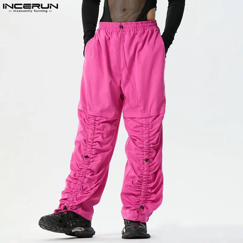 

INCERUN Men Pants Solid Color Drawstring Loose Pleated Casual Cargo Trousers Men Streetwear Joggers 2024 Fashion Pantalon S-5XL