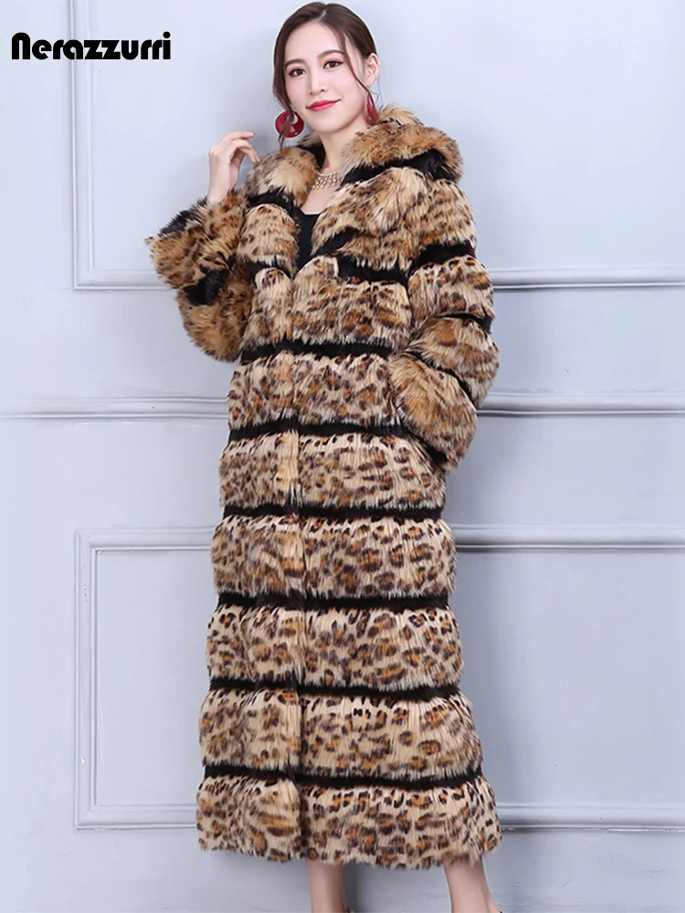 

Nerazzurri High Quality Long Leopard Print Faux Fur Coat Women Deep V Neck Runway Elegant Thicken Warm Maxi Fox Fur Overcoat
