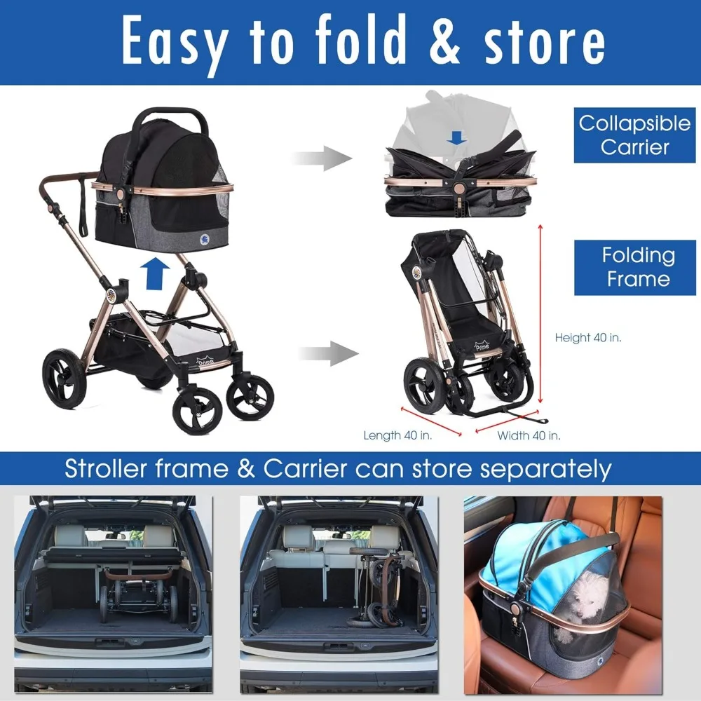 Prime 3-in-1 Luxury Dog/Cat Stroller (Travel Carrier + Car Seat +Stroller) with Detach Carrier/Pump-Free Rubber Tires