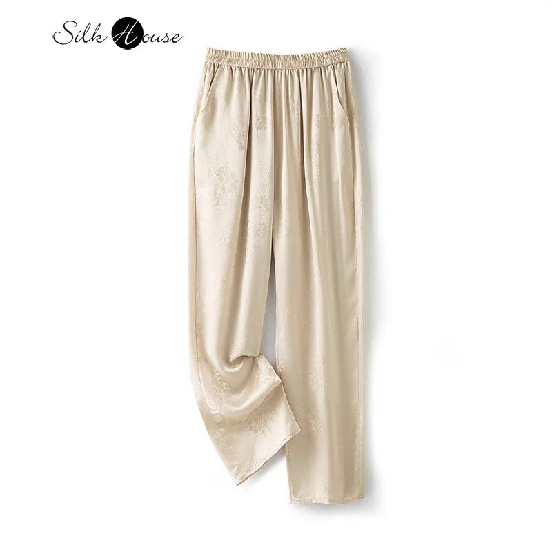 2024 Women's Fashion Summer New 100% Natural Mulberry Silk Jacquard Satin Champagne High Waist Draping Straight Casual Pants
