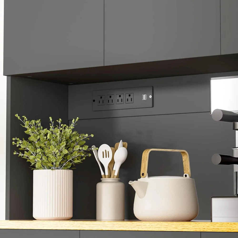 Black Kitchen Pantry Cabinet,Storage Cabinet with Power Outlet, Freestanding Kitchen Hutch with countertop