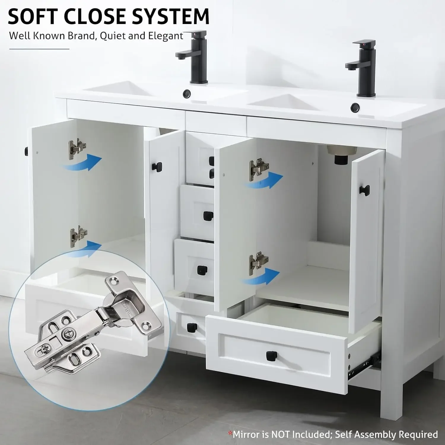48" Bathroom Vanities Cabinet with Sink Combo Set, Undermount Double Resin Sink w/Thickened Wood, Matte Black Faucet, White 6