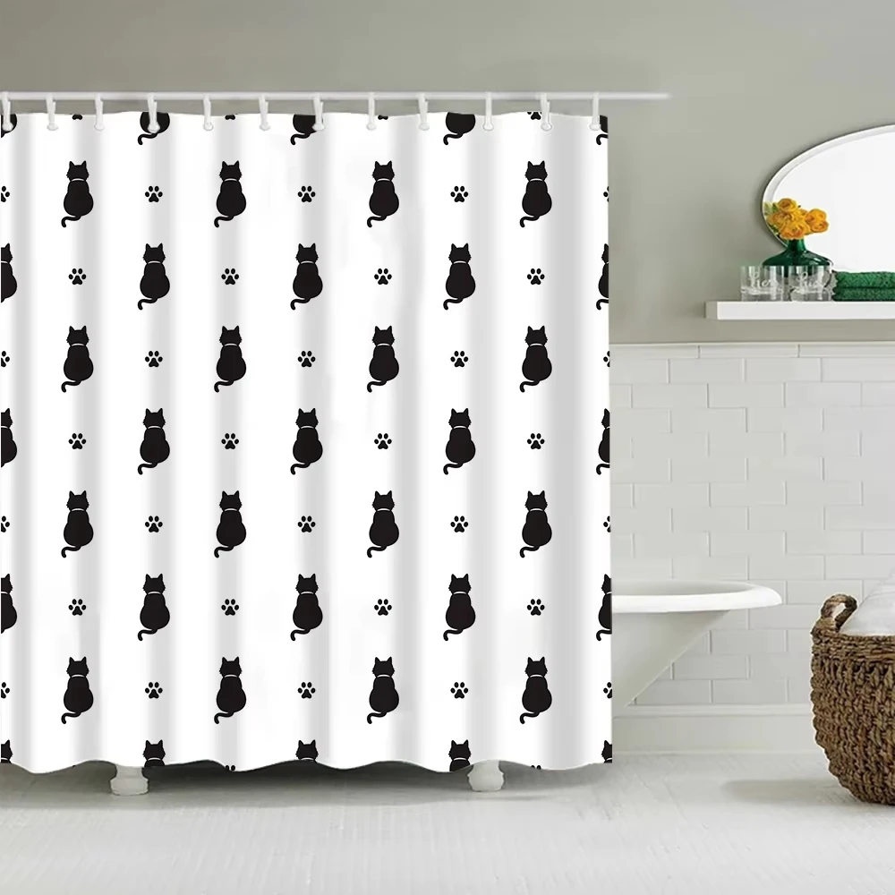 Puppy Cat Cute Cartoon Shower Curtains Washable Fabric Polyester For Bathtub Art Bathroom Decor Partition With Hooks Waterproof 6