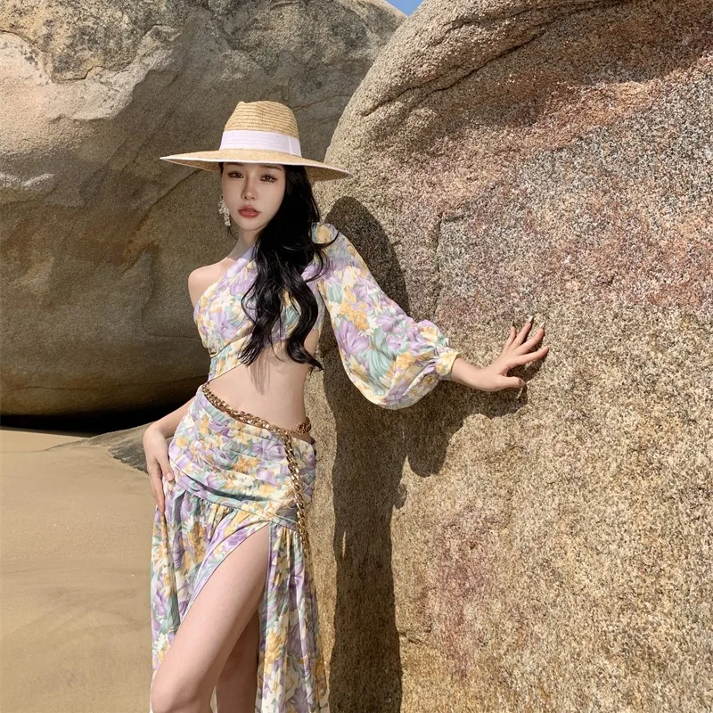 

Xishuangbanna Dai Skirt Holiday Oblique Shoulder Long Sleeve Floral Dress Irregular Swing