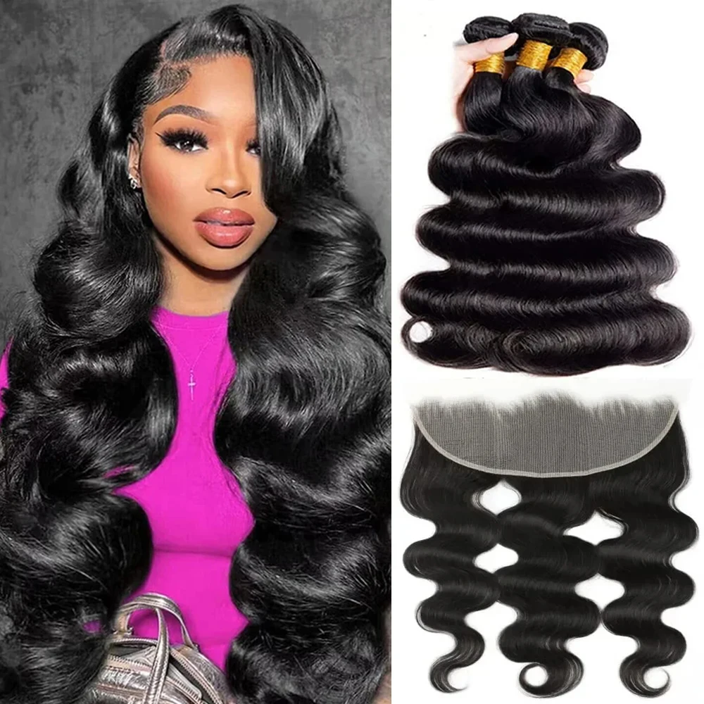 28 30 32 Inch Body Wave Human Hair Bundles With Closure 13x4 Lace Frontal With Bundle Human Hair Weaving Double Weft Tissages human hair extensions