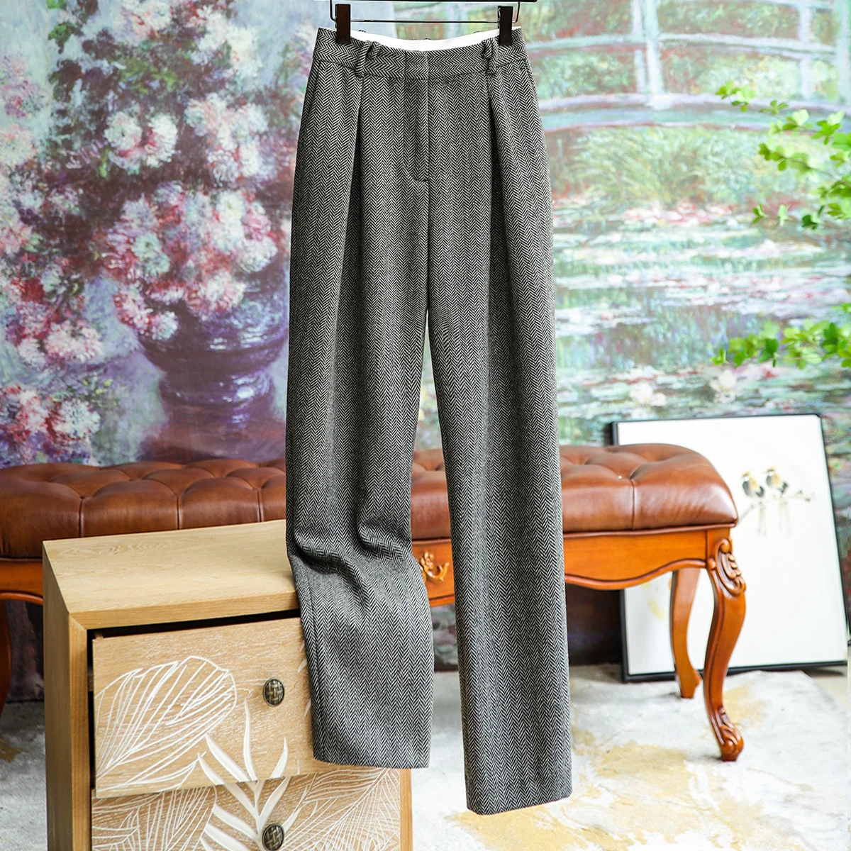 

Light Luxury Lengthened Herringbone Pattern Wool Micro Broad-leg Straight Pants Female Fall Commuter Fashion Versatile Trousers