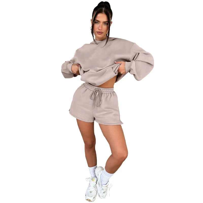 

Casual Sporty Pullover Hooded 2 Piece Sets Women Streetwear Workout Activewear Fitness Outfits Clothes Solid Shorts Pants Suits