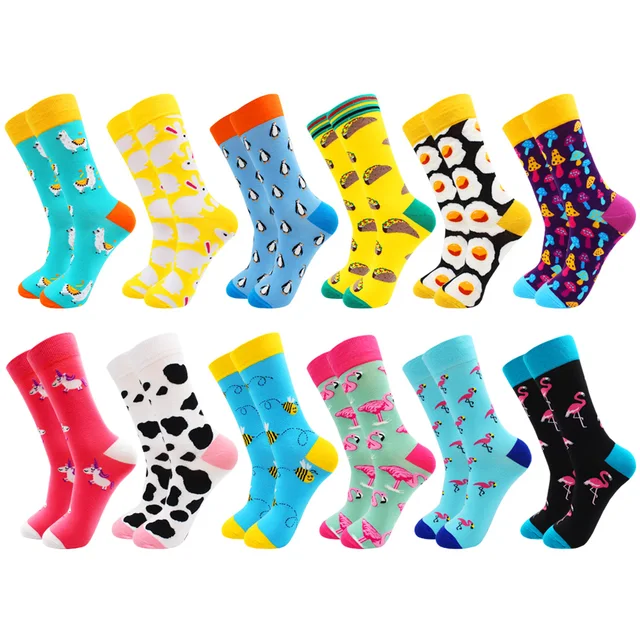 Fashion Casual Women and Mens Socks Art Van Gogh Stripe Harajuku Fruit Animal Sloth Beer Funny Socks Dress Cotton Socks Men 12 pairs -HWC13