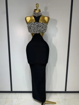 Women Sexy Backless Sparkly Crystal Diamonds Black Bodycon Bandage Dress Celebrity Elegant Evening Club Party Birthday Dresses 1