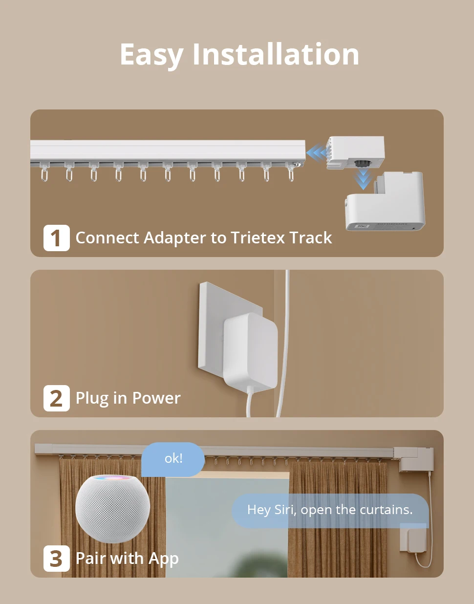 Matter Over WiFi Mini Electric Curtain Motor for Trietex Track Support Home Assi