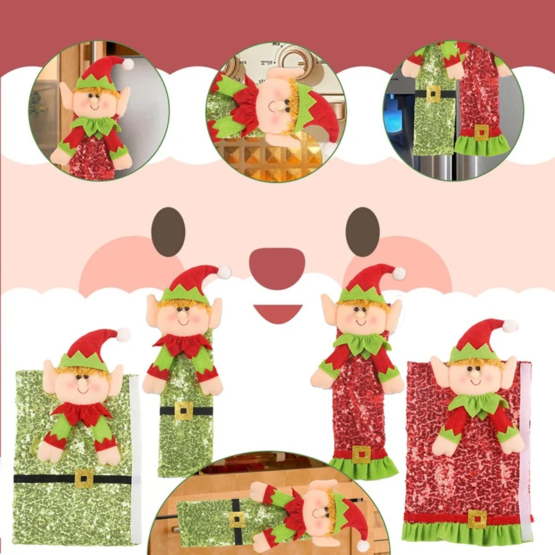 2PCS Christmas Refrigerator Handle Covers Cute Door Handle Gloves Sequin Protector Cartoon For Fridge Microwave