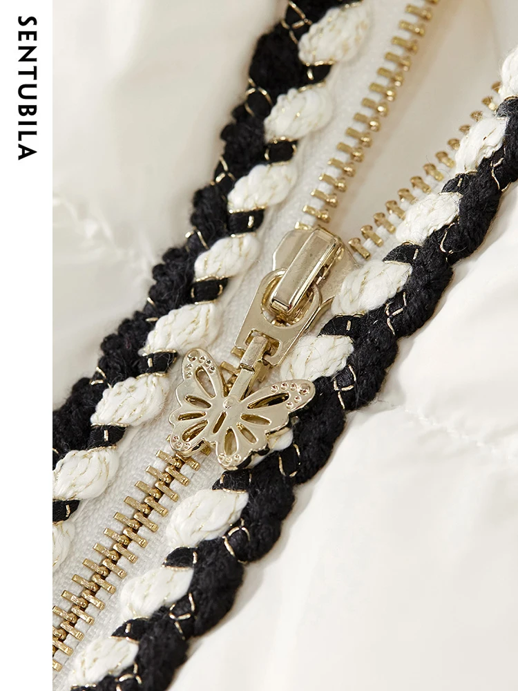 SENTUBILA Women's White Duck Down Coat 2023 Autumn Winter Simple Cropped O-Neck Fashion Zipper Down Jacket Office Lady W34Y49693