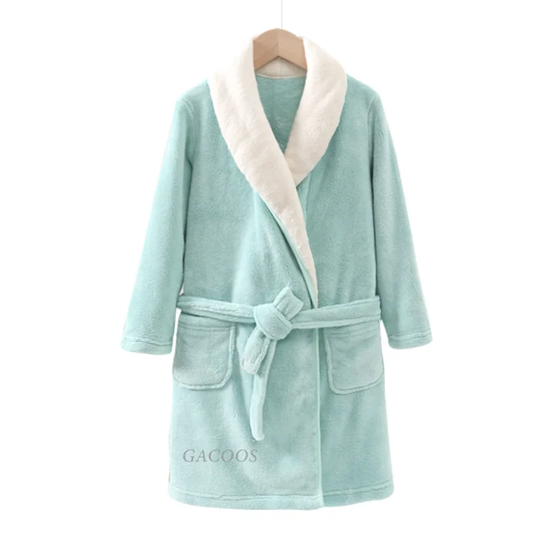 Coral Fleece Bathrobe Teenerage Winter Warm Casual Flannel Robe Sleepwear Plush Shower Bath Robe Lounge Nightgown Home Clothes