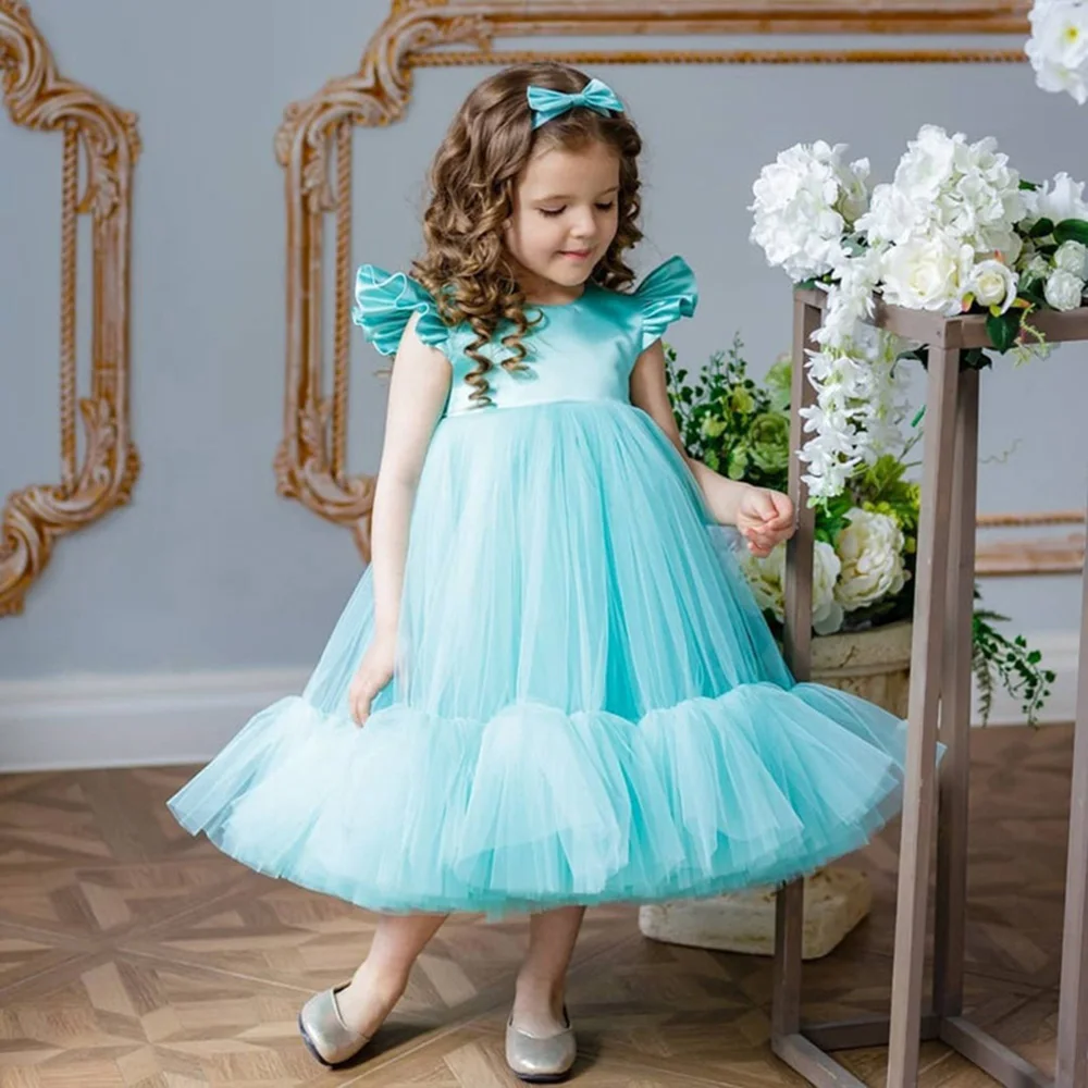 

Simple Jewel Turquoise Flower Girl Dresses Tea Length Baby Party Dress Cap Sleeves Puffy Princess First Communion Dress