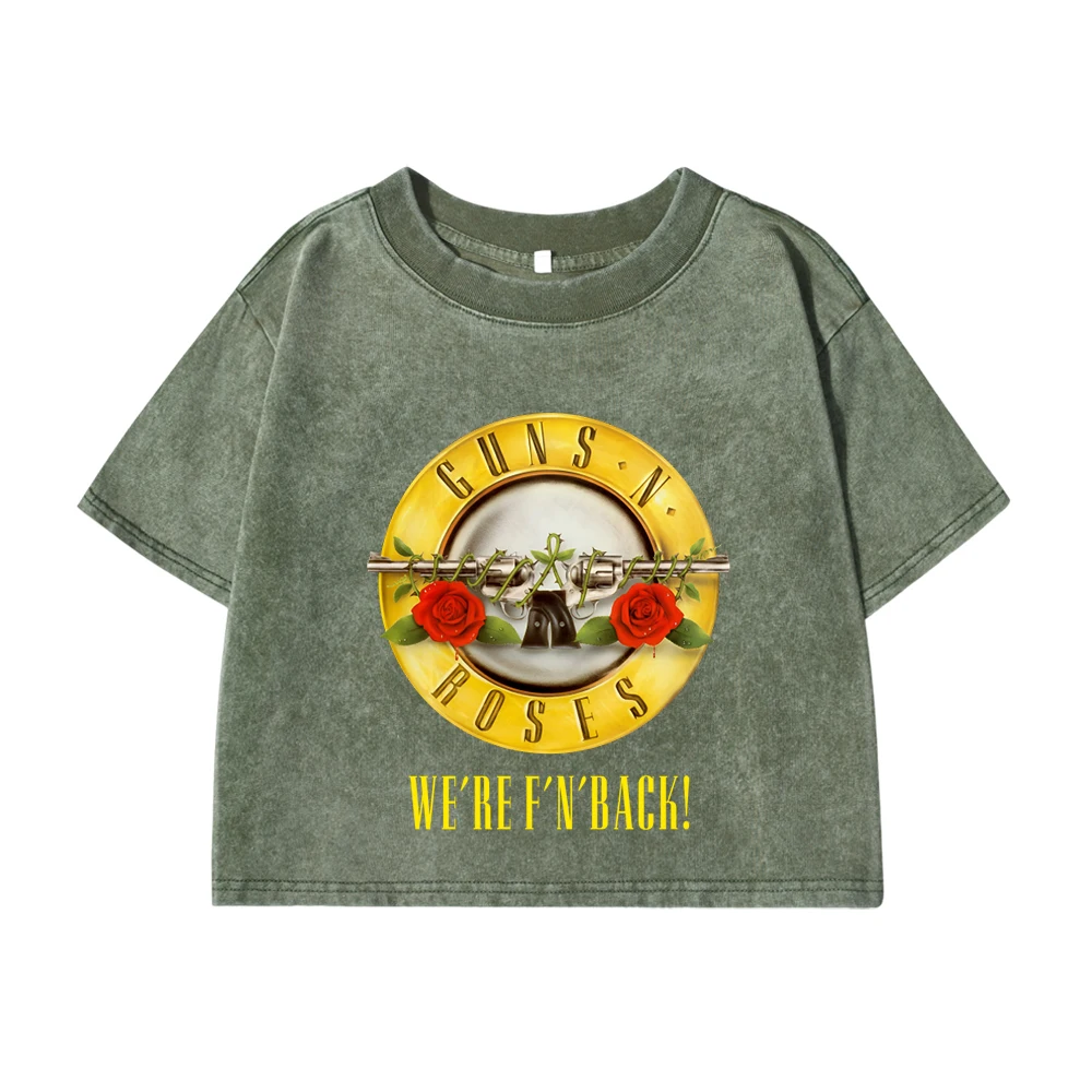 Frauen Baumwolle Crop Tops Mode Distressed Oansatz Gewaschen T-Shirts Rosen Und Waffen Druck Kurzarm Straße Weibliche Kleidung