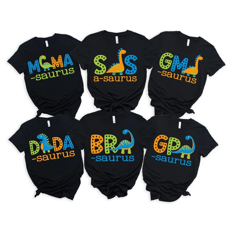 Birthday T-shirt Dinosaur 1st Birthday Family on Black Shirts-Dino 1st Boy Mama Saurus Daddy Green Orange BlueT Shirt