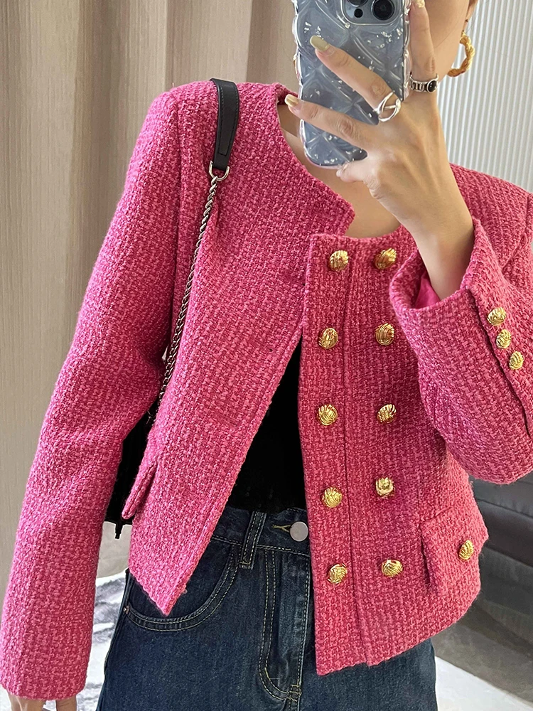 

Autumn Winter Brand Luxury Tweed Short Jacket Coat Women Elegant French Golden Double Breasted Woolen Suit Casaco Outwear