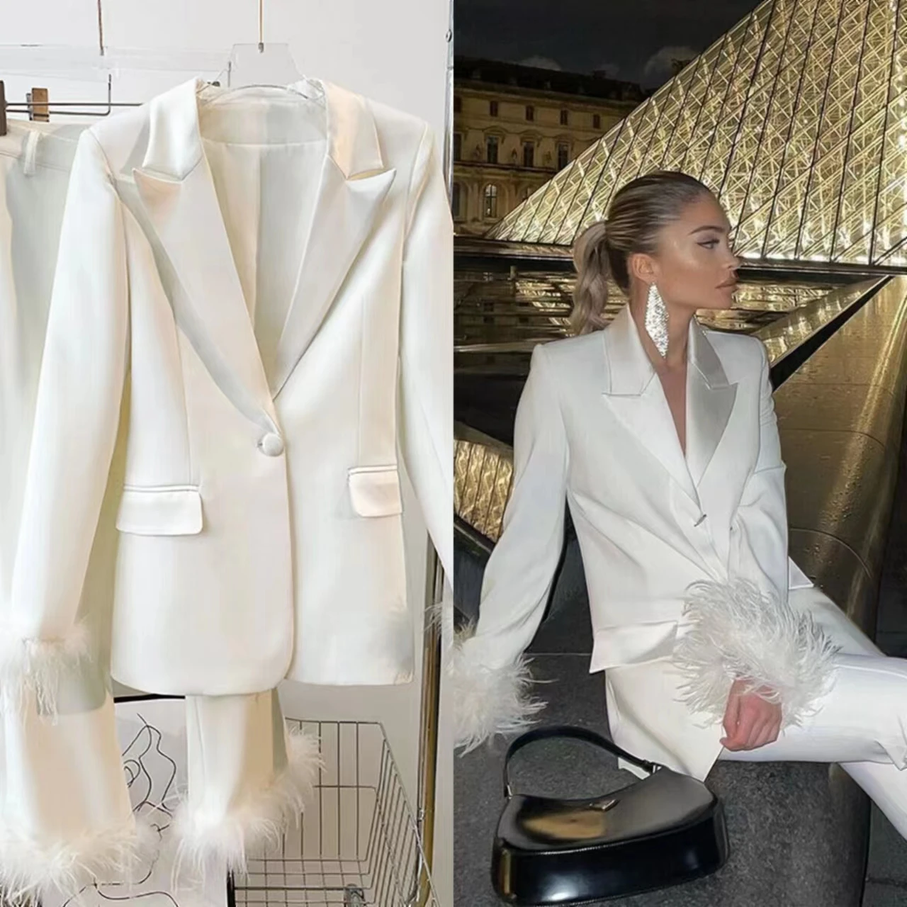 

Elegant Women Suits Long Sleeves With Feather Tuxedos One Button Lady Set Slim Fit Autumn 2 Pcs Blazer Pants Custom Made