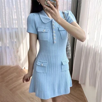 2025 Spring/Summer New Polo Neck Short Sleeve Knitted Dress Y2K Fashion Commuter Elastic Slim Fit Multi Pocket Wrapped Hip Skirt 1