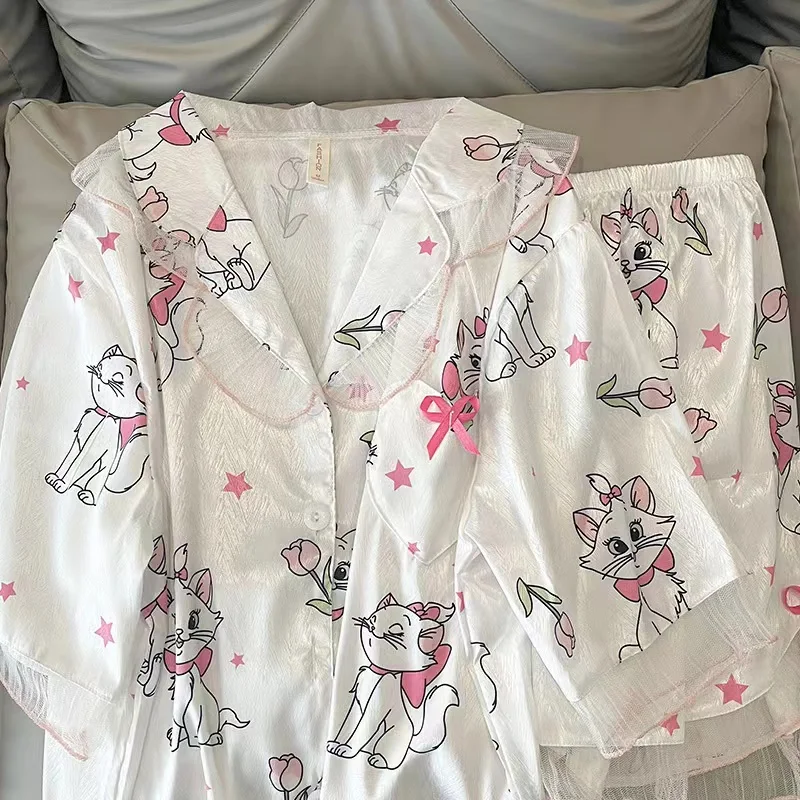 Kawaii Disney Marie Cat Pajamas Female Cartoon New Summer Thin Short-Sleeved Shorts Home Clothes Set Can Be Worn Outside