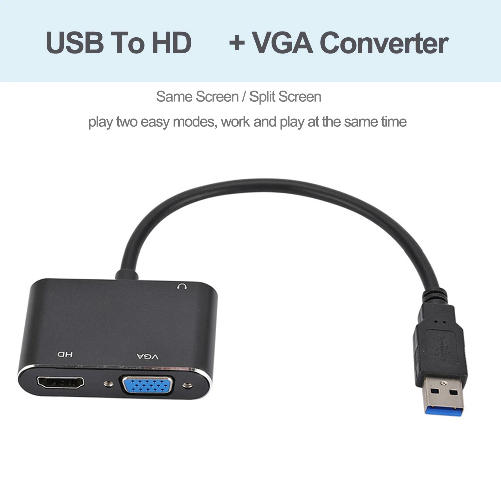 USB3.0 to VGA HDMI-Compatible Audio Converter 1080P HD for Computer Laptop to Monitor/TV Dual Screen Display HDMI-Compatible