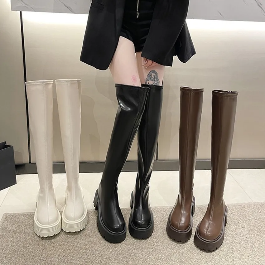 2024 NEW Shoes Woman High Heels Platform Leather High Boot Shoe Black Winter Booties Fashion Women Motorcycle Heel Casual Boots