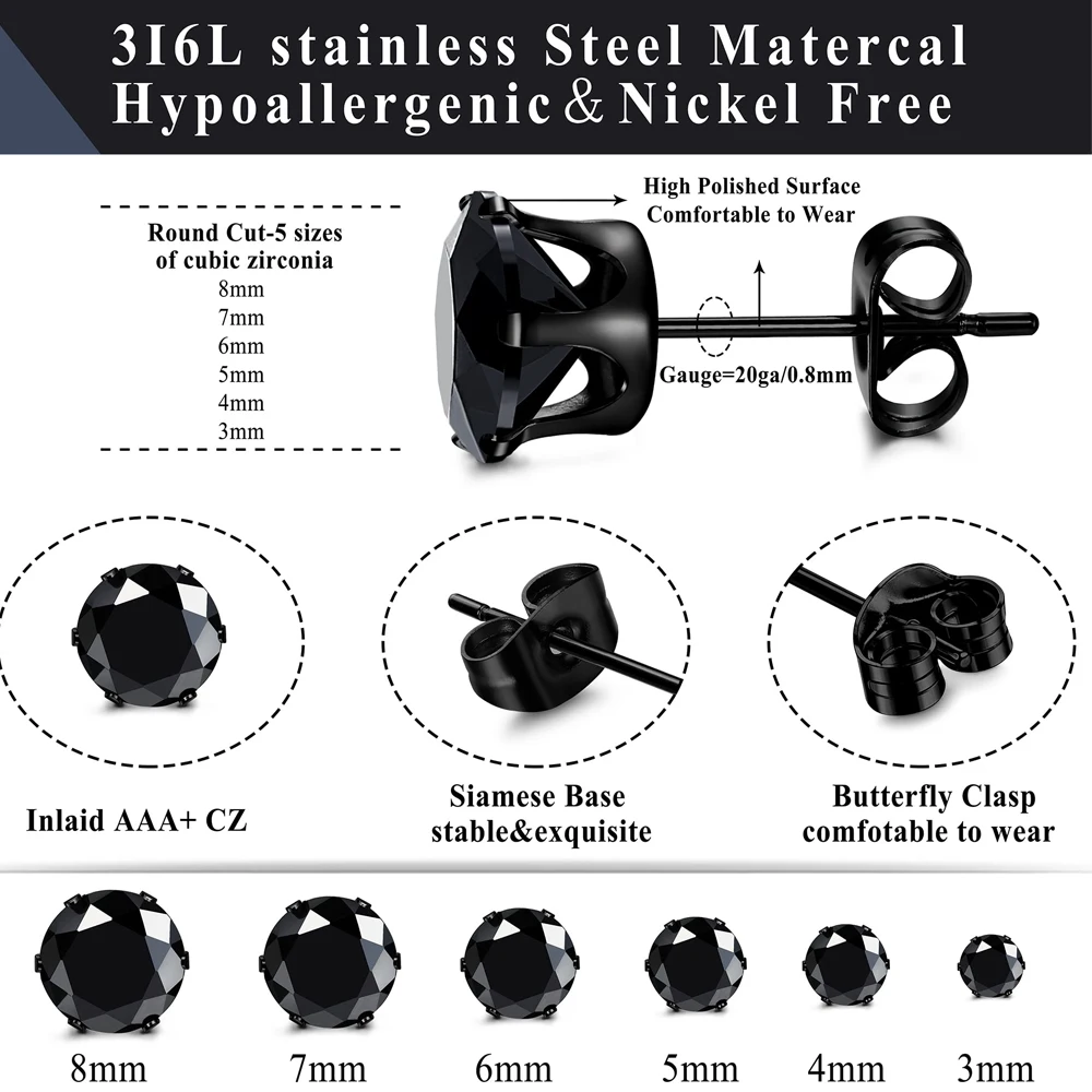 Stainless Steel Round Cubic Zirconia Ball Stud Earrings Set Punk Piercing Jewelry 3-8mm 1 Pair for Men Women