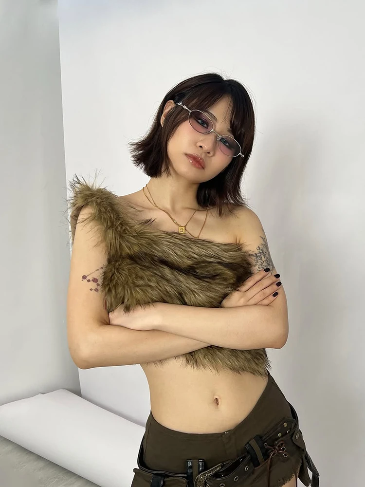 Nibber Off-Shoulder High Street Tank Tops Women Sexy Furry Coquette Simple Midnight Party Clubwear Hottie Wild Fashion Vests