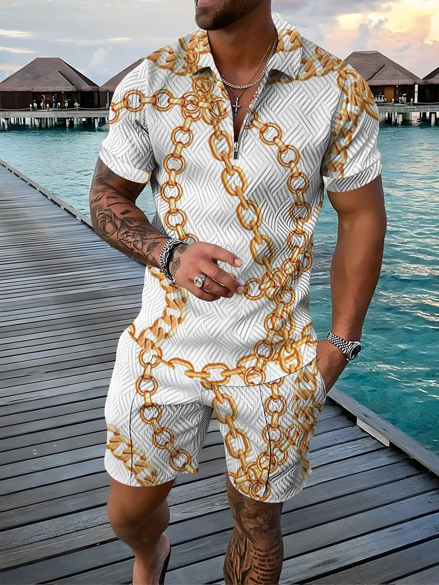 

Luxury Polo Shirt Two Piece Set Summer 3D Chain Print Zipper Short Sleeve Shorts Tracksuits Fashion Sportswear Mens Clothing Set
