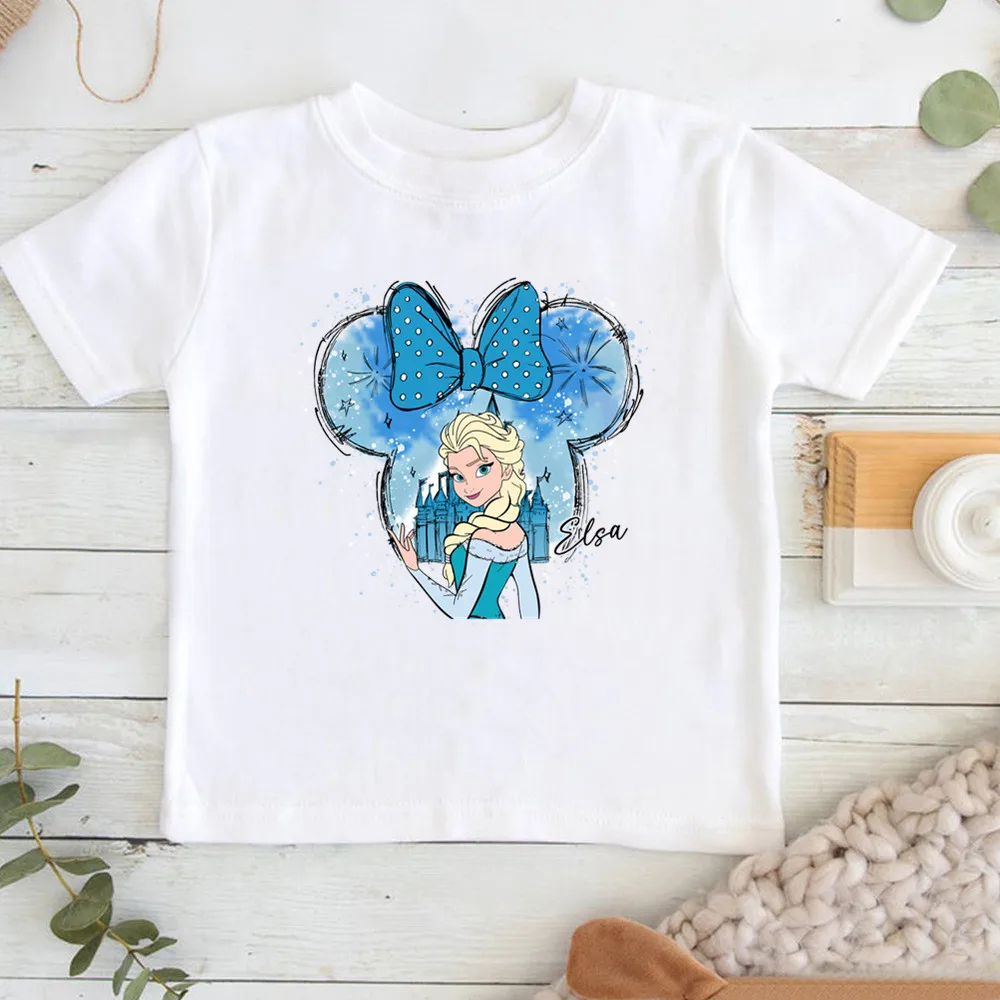 Cartoon Disney Princess Print T-shirts for Children Summer Cotton Short Sleeve Children Clothes Girl Tops 2