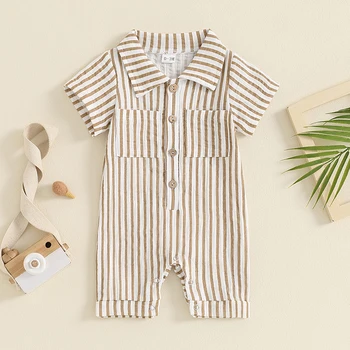 2024-05-10 Lioraitiin Summer Infant Baby Boy Striped Romper Short Sleeve Front Single-breasted Legs Jumpsuit Clothes 2
