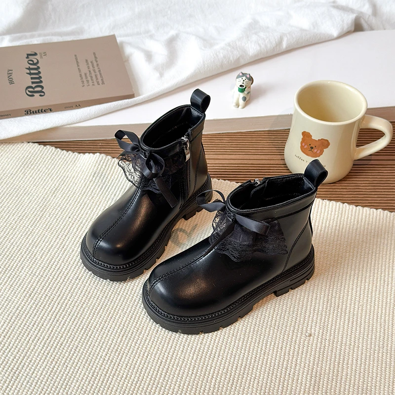 Girls Fleece Leather Ankle Boots with Lace Bow for Winter