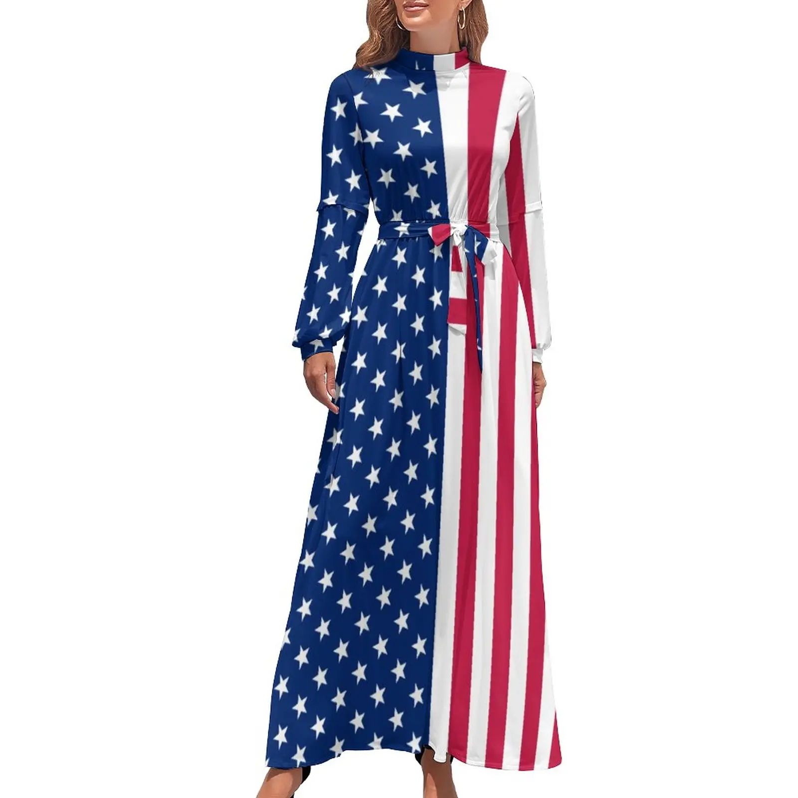 

Red White Blue Star Dress Patriotic USA Flag Elegant Maxi Dress Casual Beach Long Dresses High Neck Design Vestidos