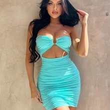 Pink Strapless Hollow Out Pleated Sexy Mini Dress 2022 Summer Women Sexy Outfits Party Club Evening Bodycon Dresses for Woman