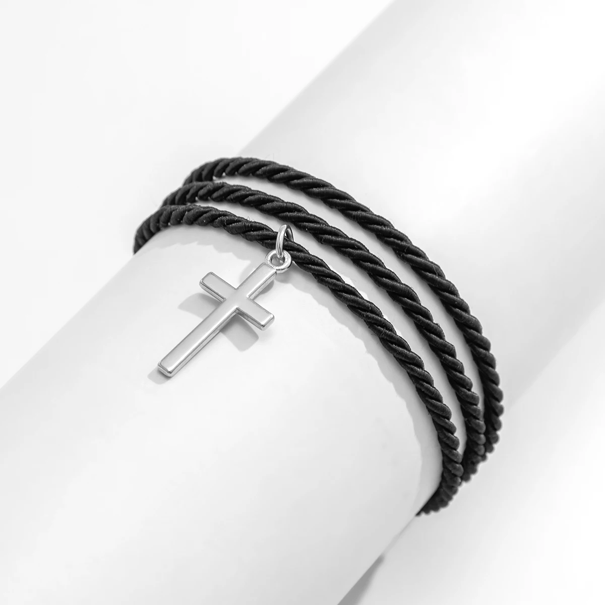 Layered Black Cotton Thread Chain with Cross Pendant