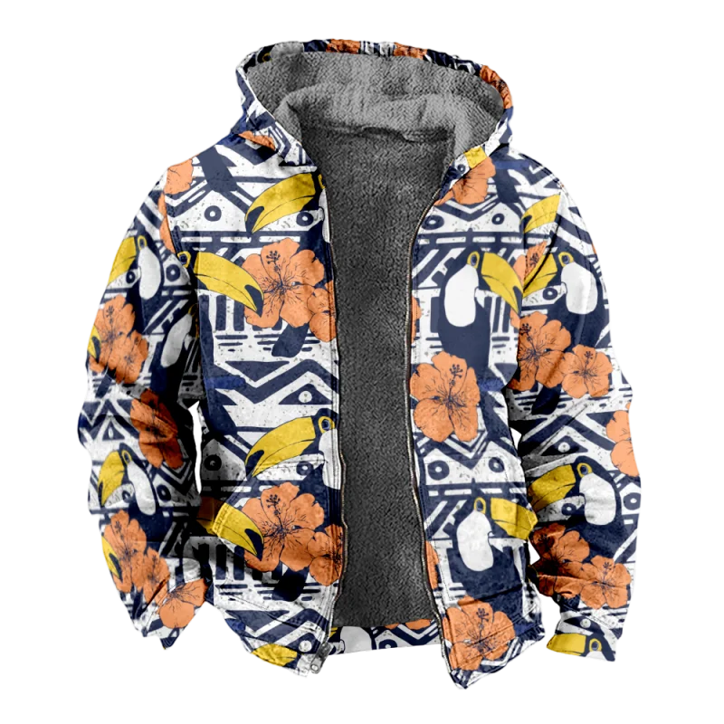 New Creative Cotton Coat Hooded Sweater Casual Print Men's Fur Loop Arctic Velvet Zipper Patch Pocket Hooded Sweater a47
