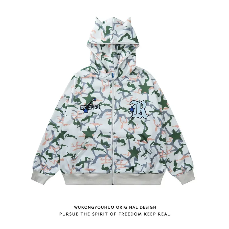 Hip Hop Retro Demon Camouflage Streetwear Women Y2k Hoodies Stars Couples Fashion Zip Up Hoodie Goth High Street Sweatshirt