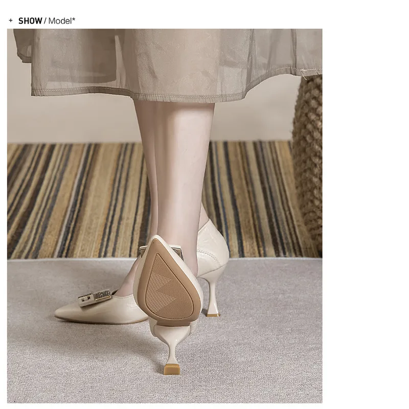 2024 Tidlige forårsnye højhælede, slanke hæle, spidse vanddiamantspænde, bløde læderarbejdssko_voghion.com